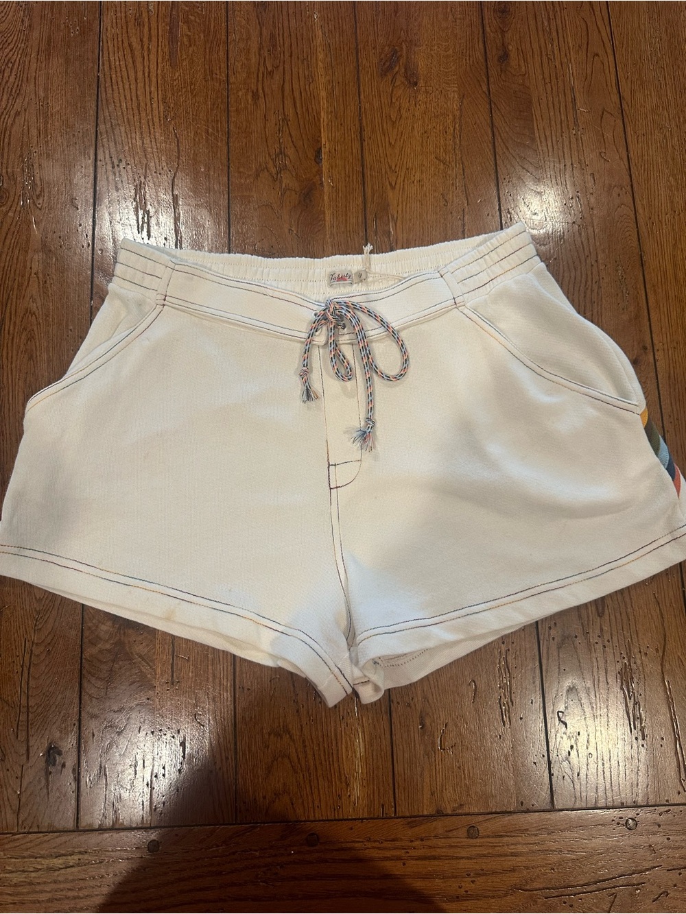 Faherty Bondi Women’s L Cotton Rainbow Stripe Drawstring Shorts White 3” Inseam